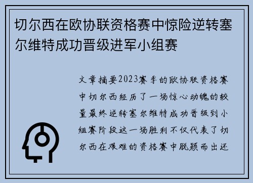 切尔西在欧协联资格赛中惊险逆转塞尔维特成功晋级进军小组赛