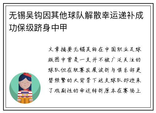 无锡吴钩因其他球队解散幸运递补成功保级跻身中甲
